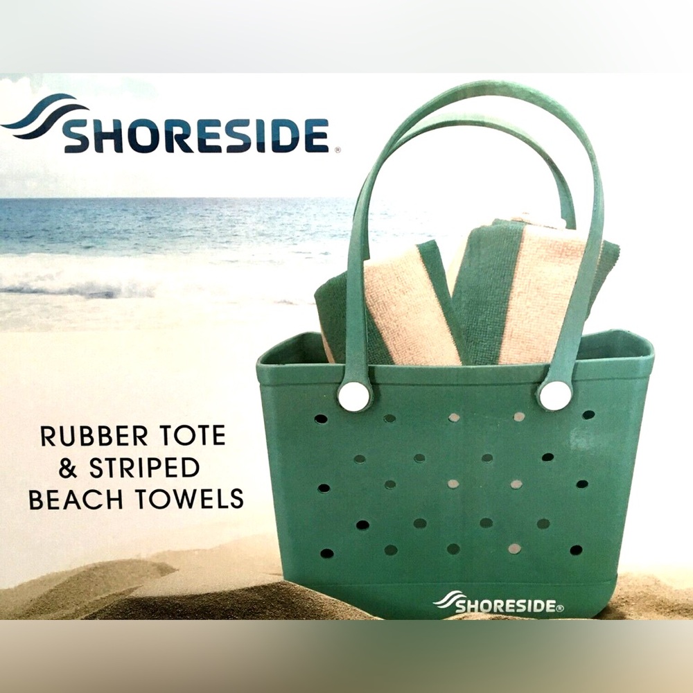 New Shoreside BEACH TOTE BAG Pool & 2 TOWELS LARGE Rubber Waterproof  *grey